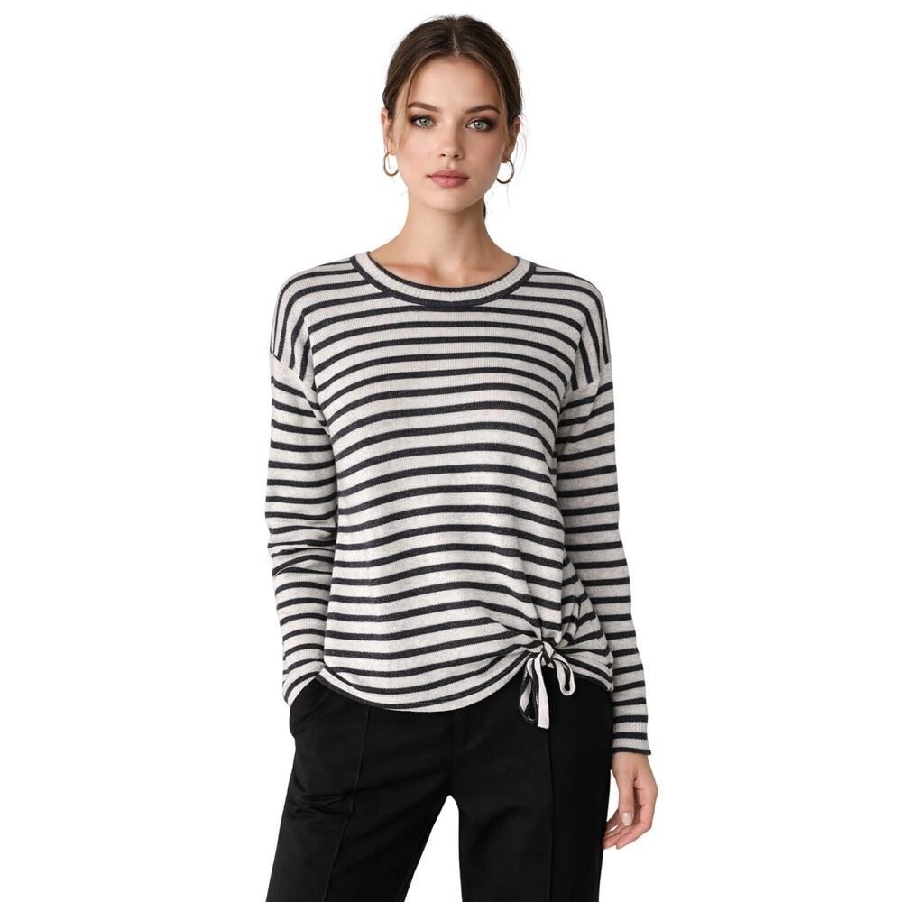 WHITE + WARREN Women's Lightweight Linen Striped Sweater Gray/White Size Small